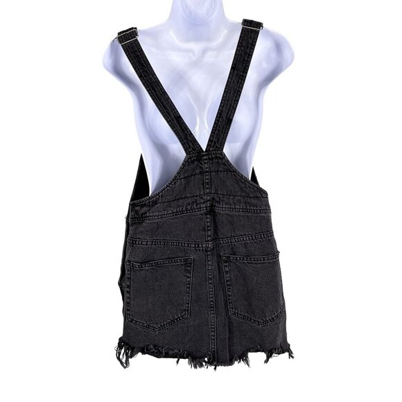 Free People Womens 4 Black Denim Overall Dress Frayed Hem Mini Jumper Grunge - Picture 2 of 15